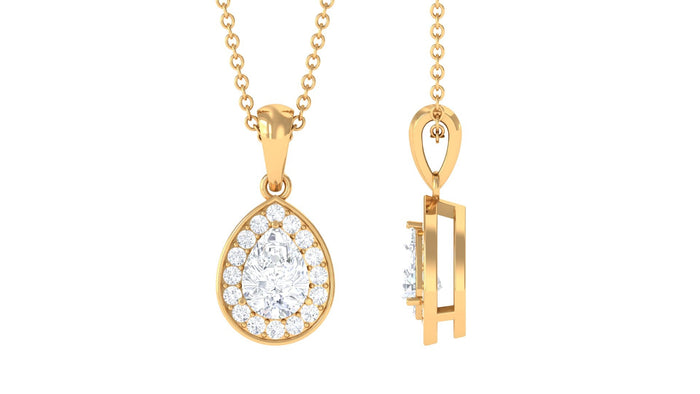Moissanite teardrop halo pendant necklace from Rosec Jewels featuring a sparkling teardrop-shaped gemstone with a halo setting.