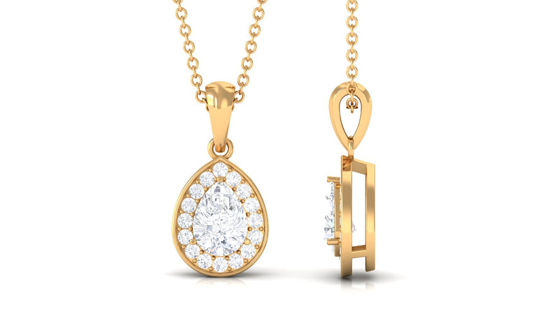 Moissanite teardrop halo pendant necklace from Rosec Jewels featuring a sparkling gemstone surrounded by a delicate halo setting.