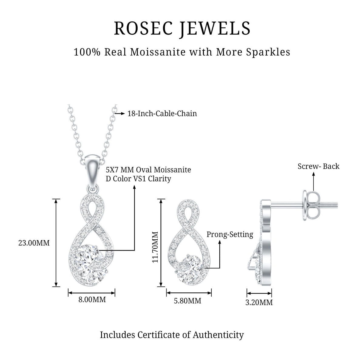 Certified 2 Carat Moissanite Infinity Necklace and Earring Set