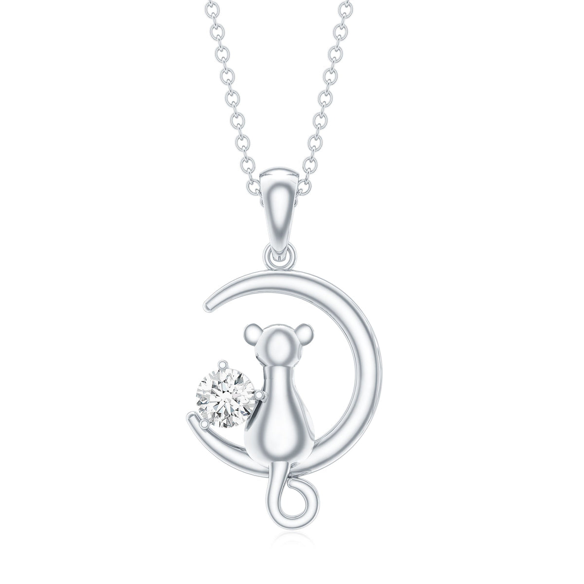 Certified Moissanite Cat and Moon Pendant