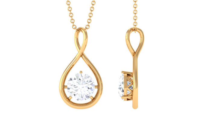 Round moissanite solitaire infinity pendant by Rosec Jewels, featuring a sparkling moissanite stone on a delicate pendant chain.