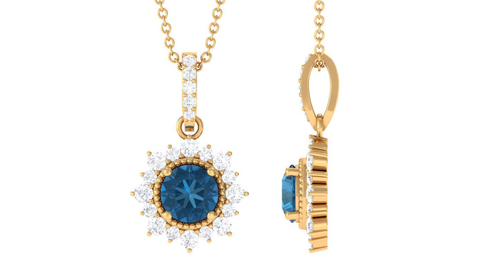 London Blue Topaz pendant necklace with diamond halo, natural 0.6 carats, featuring elegant jewelry design from Rosec Jewels.
