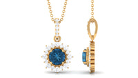 Natural 0.6 Carat London Blue Topaz Pendant Necklace with Diamond Halo