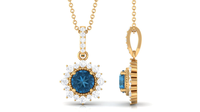 Natural 0.6 carat London Blue Topaz pendant necklace with diamond halo, featuring a silver setting and elegant design.