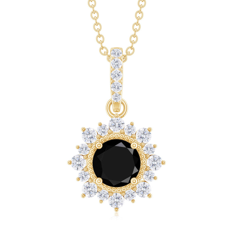 Lab grown black and white diamond halo pendant necklace by Rosec Jewels featuring sparkling diamonds and a elegant pendant design.