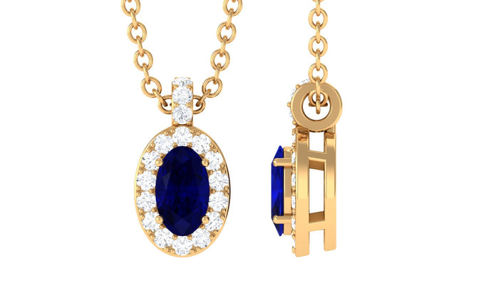 Oval blue sapphire pendant necklace with diamond halo by Rosec Jewels, showcasing a 0.6 carat sapphire and sparkling diamonds.