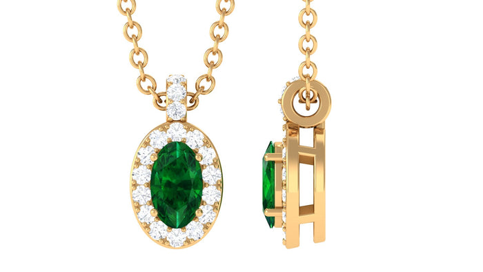 Emerald oval pendant necklace with diamond accent by Rosec Jewels, featuring a polished green gemstone on a delicate chain.