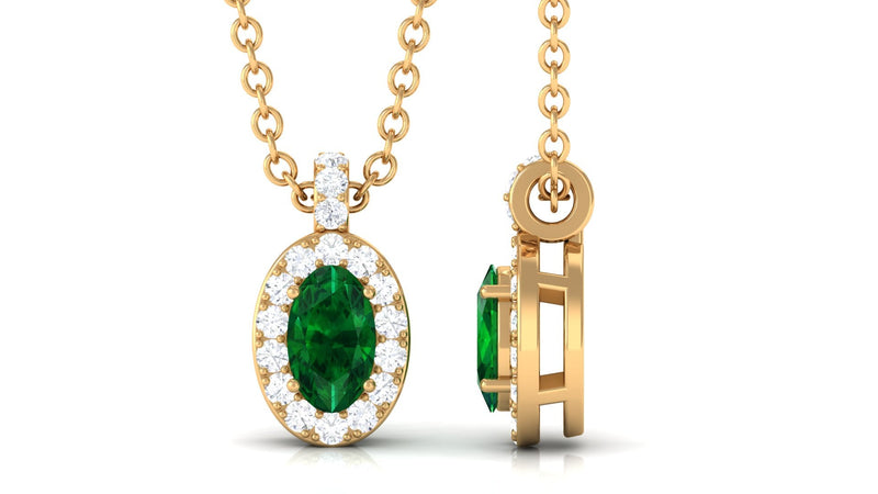Emerald oval pendant necklace with diamond accents by Rosec Jewels, showcasing a elegant pendant on a delicate chain.