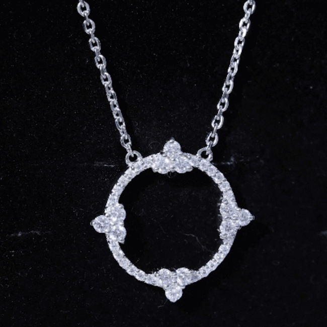 Certified Moissanite eternity promise necklace in 14K gold plated silver with a delicate pendant featuring sparkling stones.