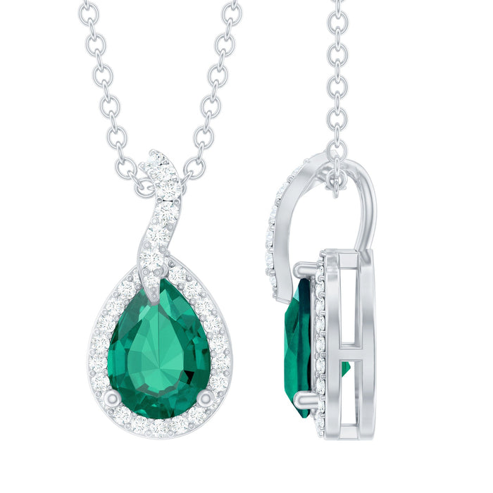 Lab grown 0.7 carat emerald and moissanite teardrop pendant on chain by Rosec Jewels, showcasing elegant jewelry design.