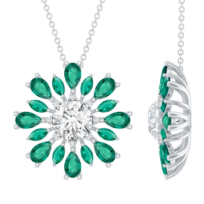 Certified 1.3 carat Moissanite flower pendant with lab emerald by Rosec Jewels, featuring intricate floral design and sparkling gemstones.