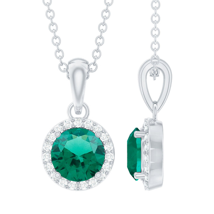 Lab-created emerald and moissanite halo pendant necklace with chain, featuring 0.8 carats, by Rosec Jewels.