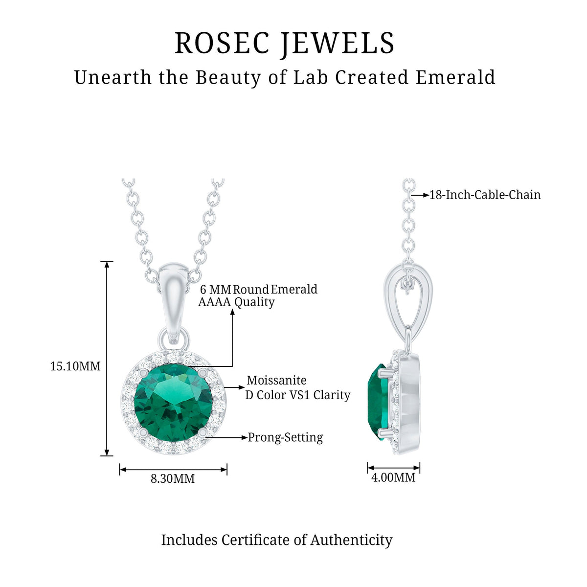 0.8 Carat Lab Created Emerald and Moissanite Halo Necklace with Chain