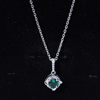 Lab Created Emerald and Moissanite Halo Necklace with Silver Chain