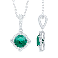 Lab Created Emerald and Moissanite Halo Necklace with Silver Chain