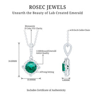 Lab Created Emerald and Moissanite Halo Necklace with Silver Chain