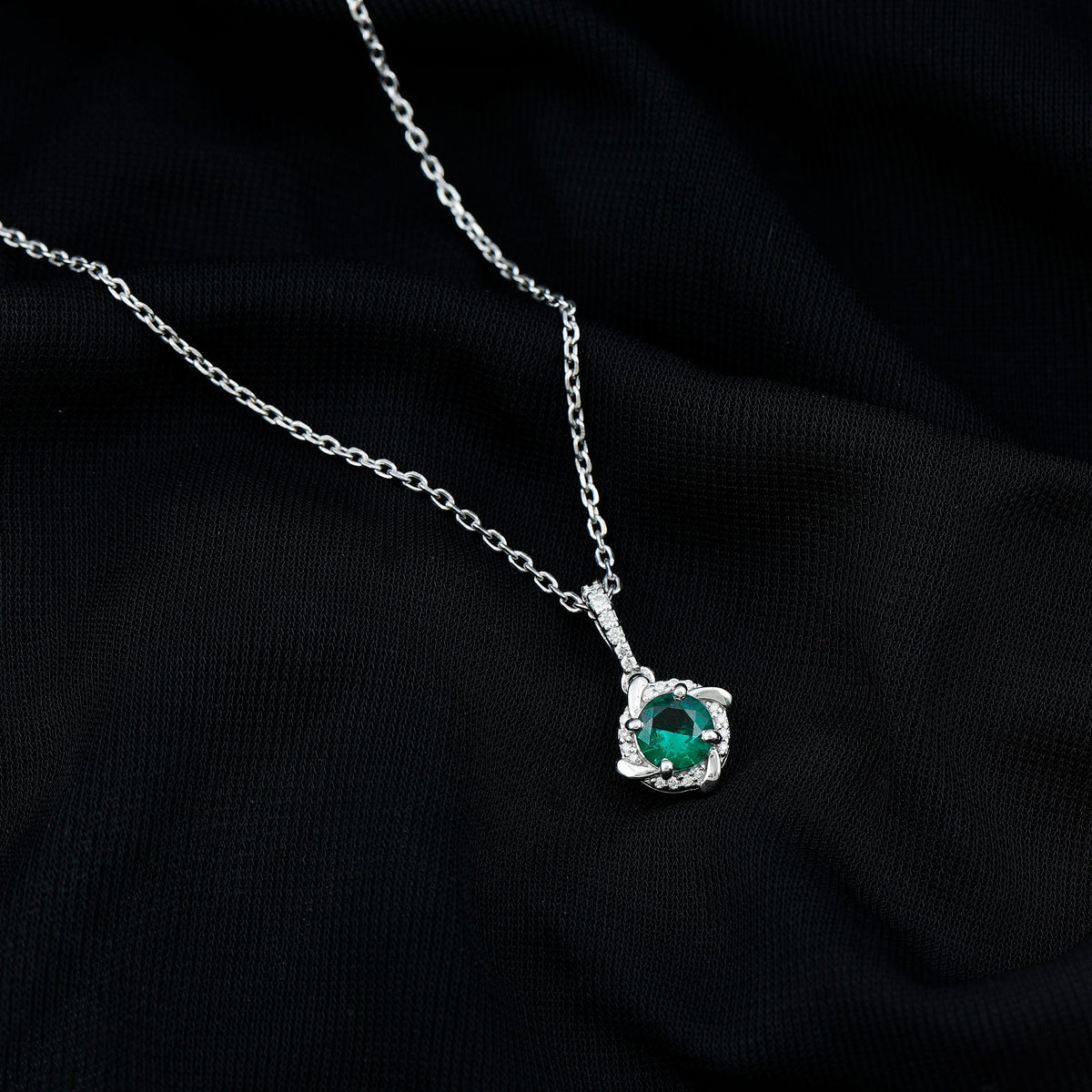 Lab Created Emerald and Moissanite Halo Necklace with Silver Chain