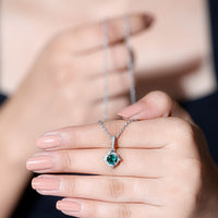 Lab Created Emerald and Moissanite Halo Necklace with Silver Chain