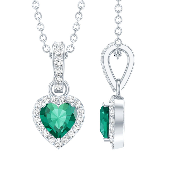 Lab grown 1.37 carat emerald heart pendant with moissanite halo from Rosec Jewels, featuring a delicate gold chain and sparkling gemstone details.