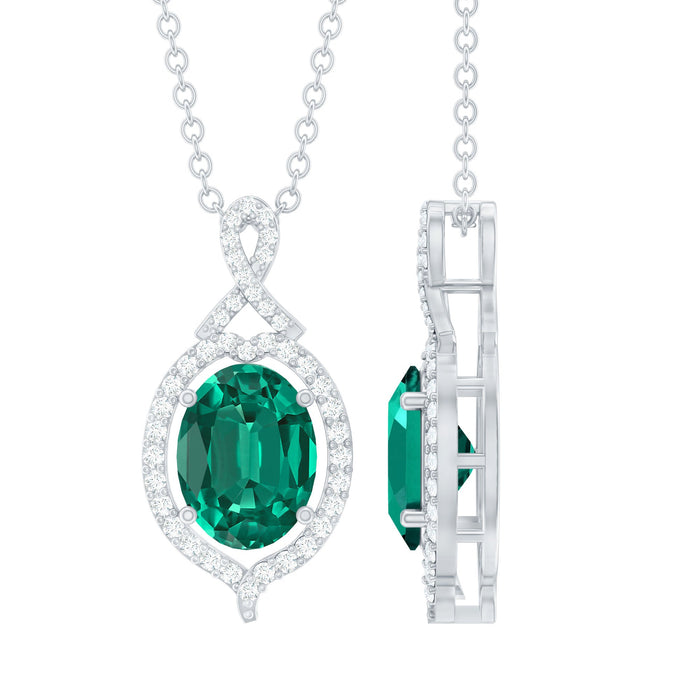 Oval cut lab grown emerald vintage pendant necklace in silver, featuring a 1.2 carat gemstone from Rosec Jewels.