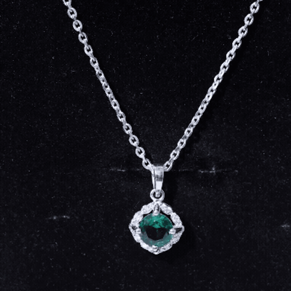 Round Lab Emerald pendant necklace by Rosec Jewels featuring a certified emerald gemstone with a detailed pendant design.