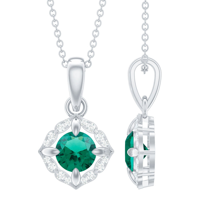 Elegant Round Lab Emerald pendant necklace by Rosec Jewels featuring a certificate of authenticity, displayed against a neutral background.