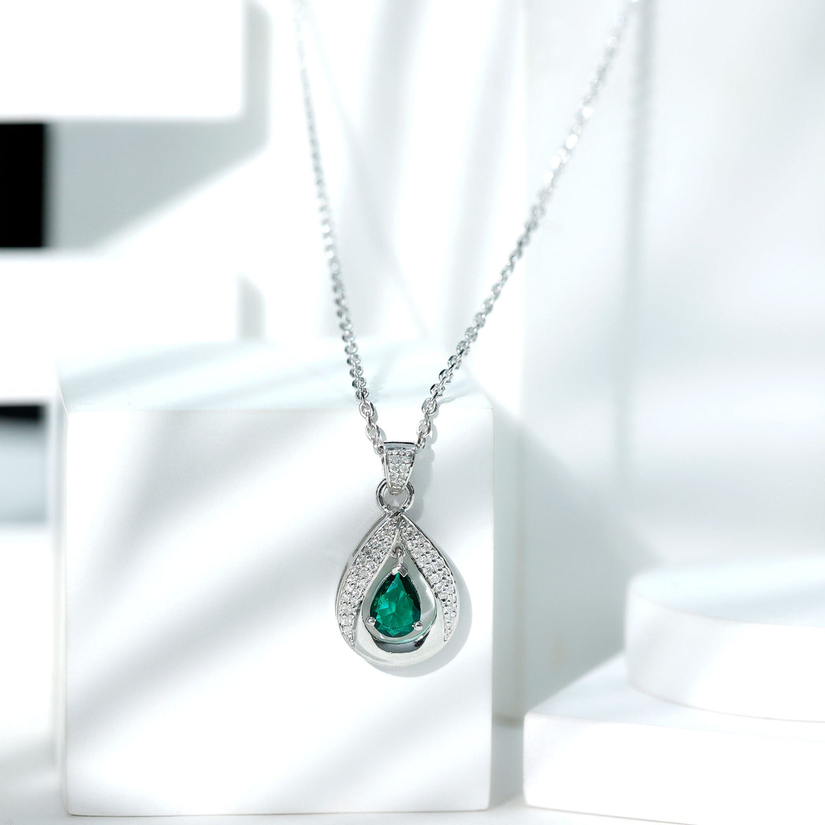 Lab Grown Emerald Bridal Drop Necklace with Silver Chain