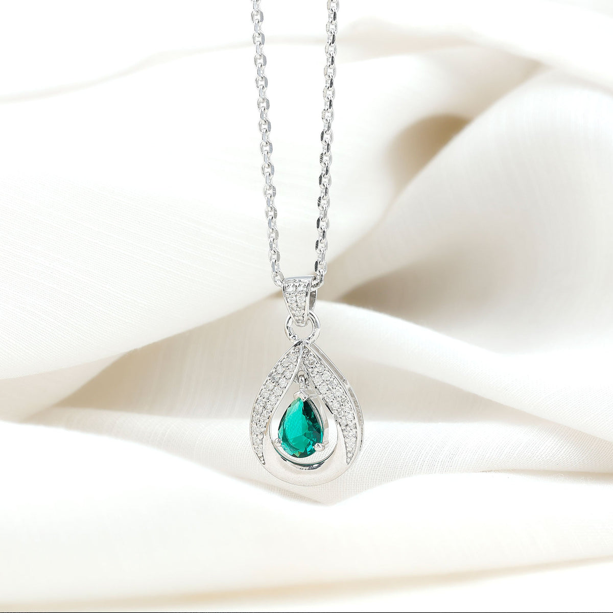 Lab Grown Emerald Bridal Drop Necklace with Silver Chain