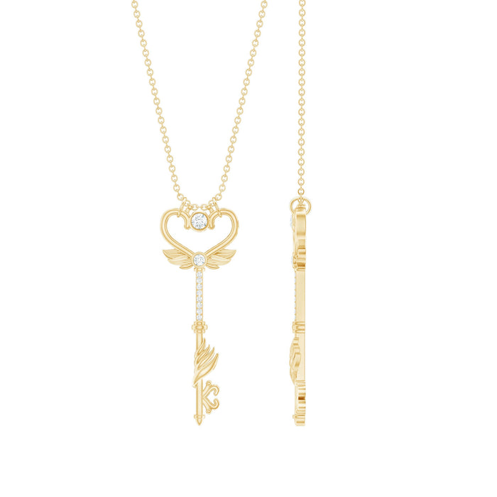 Diamond key pendant necklace with angel wing design by Rosec Jewels, showcasing a sparkling pendant on a chain.