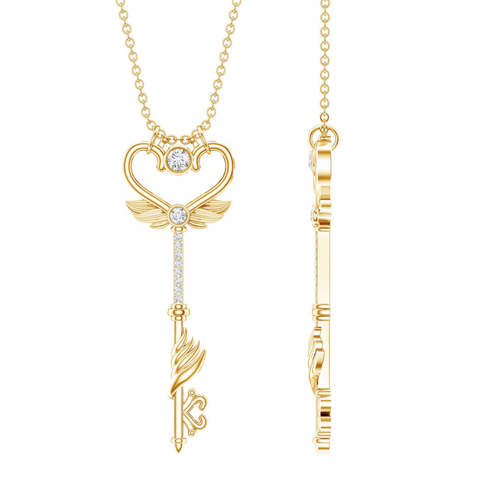 Diamond Key Necklace with Angel Wings