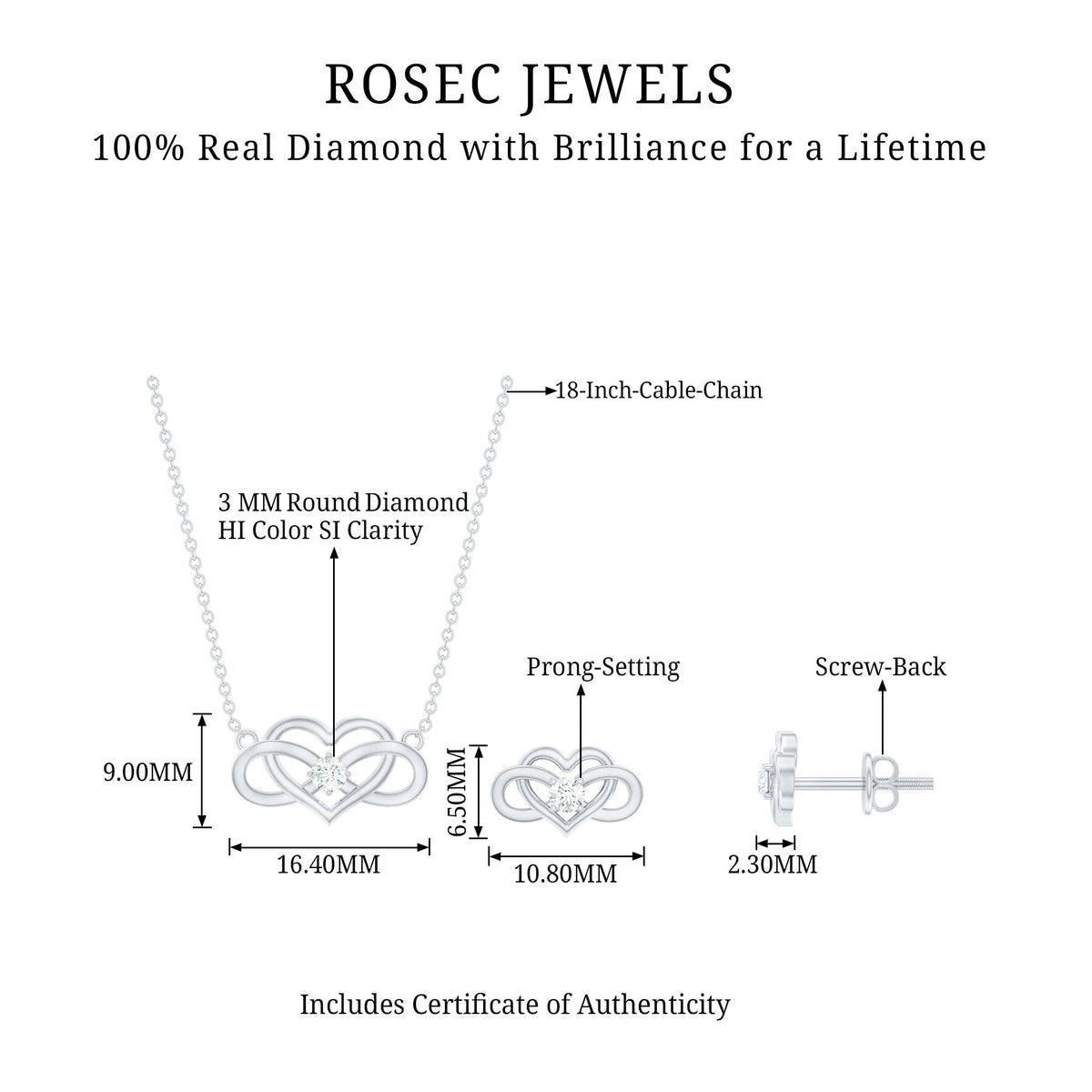 Round cut diamond infinity heart jewelry set featuring elegant diamond accents, crafted by Rosec Jewels.