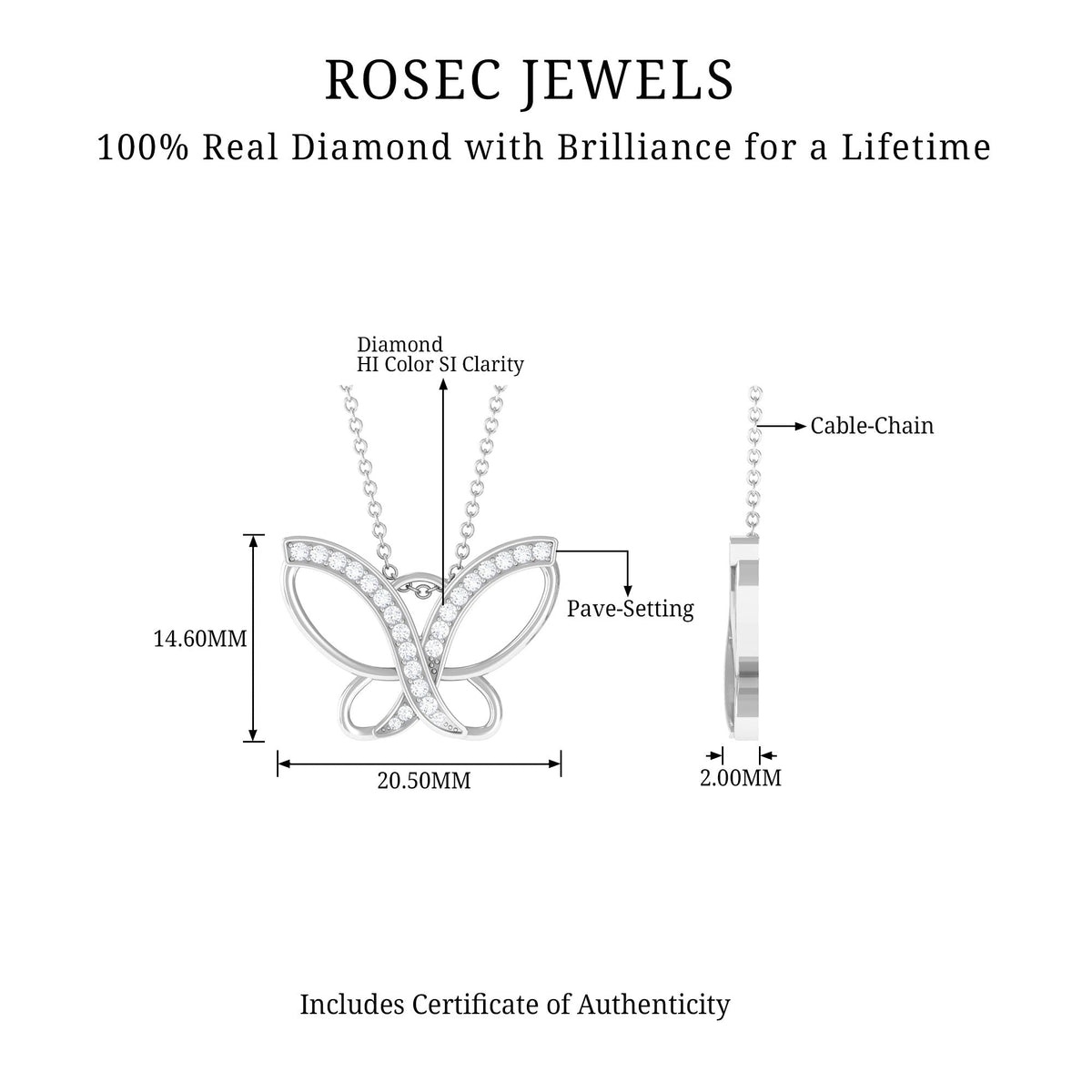 Diamond butterfly pendant necklace for women featuring a sparkling design from Rosec Jewels.