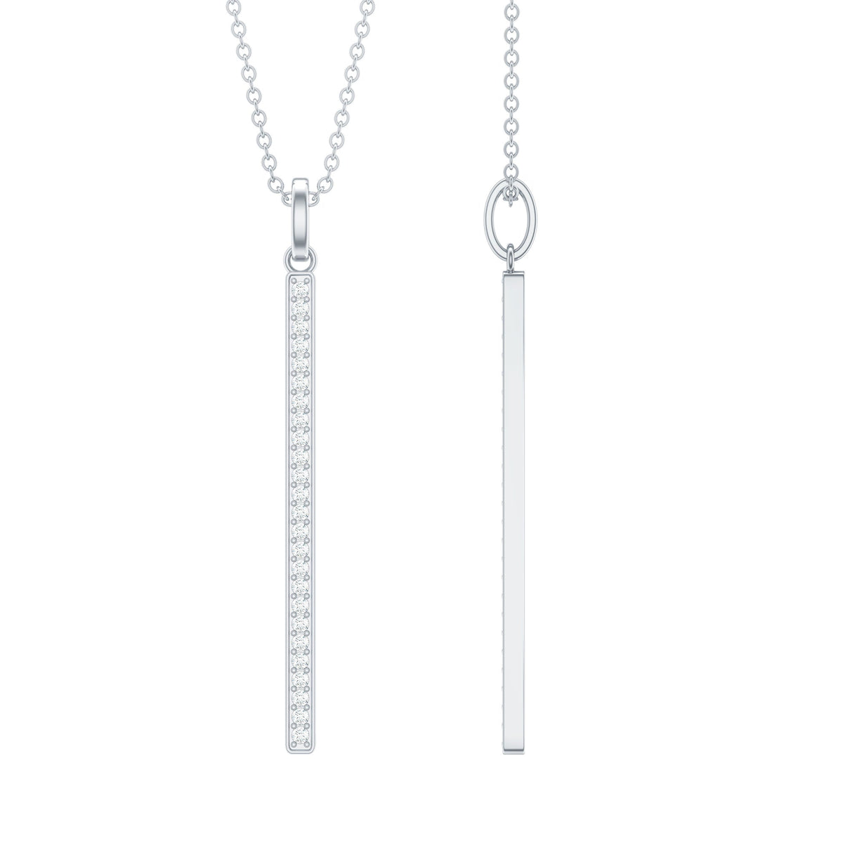 Round cut diamond bar necklace for women by Rosec Jewels, showcasing a sleek pendant with sparkling diamonds.