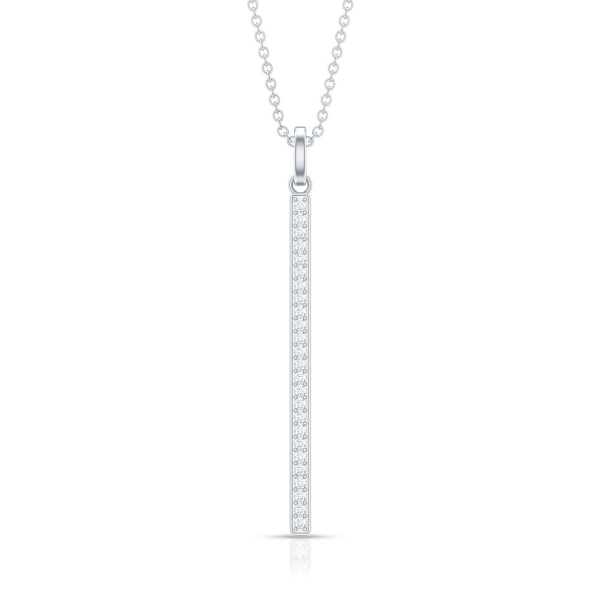 Round cut diamond bar necklace for women from Rosec Jewels, showcasing a sleek pendant with sparkling diamonds.