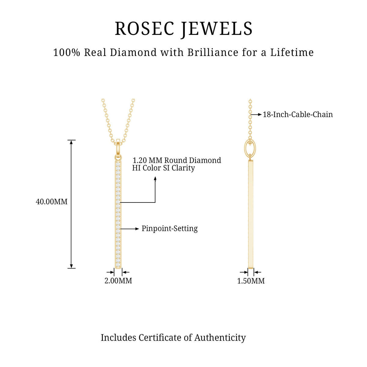 Round cut diamond bar necklace for women by Rosec Jewels, showcasing a sleek pendant with sparkling diamonds.