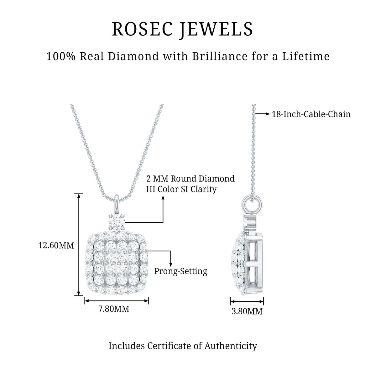 Brilliant cut diamond pendant necklace by Rosec Jewels featuring a sparkling diamond pendant on a delicate chain.