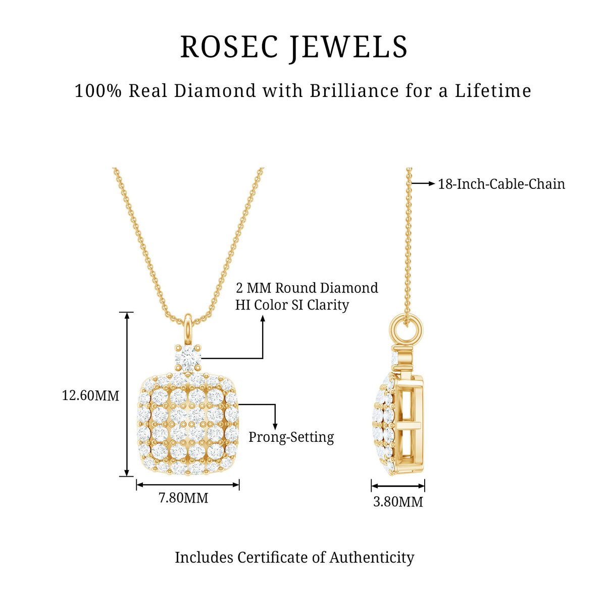 Brilliant cut diamond pendant necklace by Rosec Jewels featuring a sparkling diamond pendant on a delicate chain.