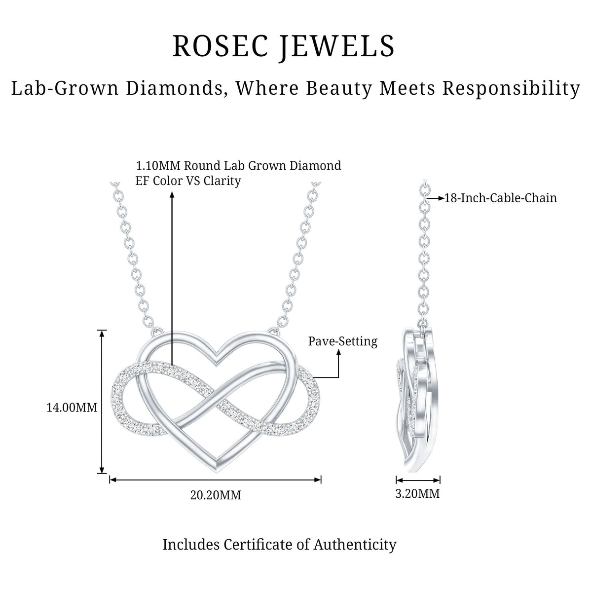 Rosec Jewels certified diamond infinity heart necklace featuring sparkling diamonds and a delicate chain.
