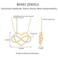 Rosec Jewels certified diamond infinity heart necklace featuring sparkling diamonds on a delicate chain.