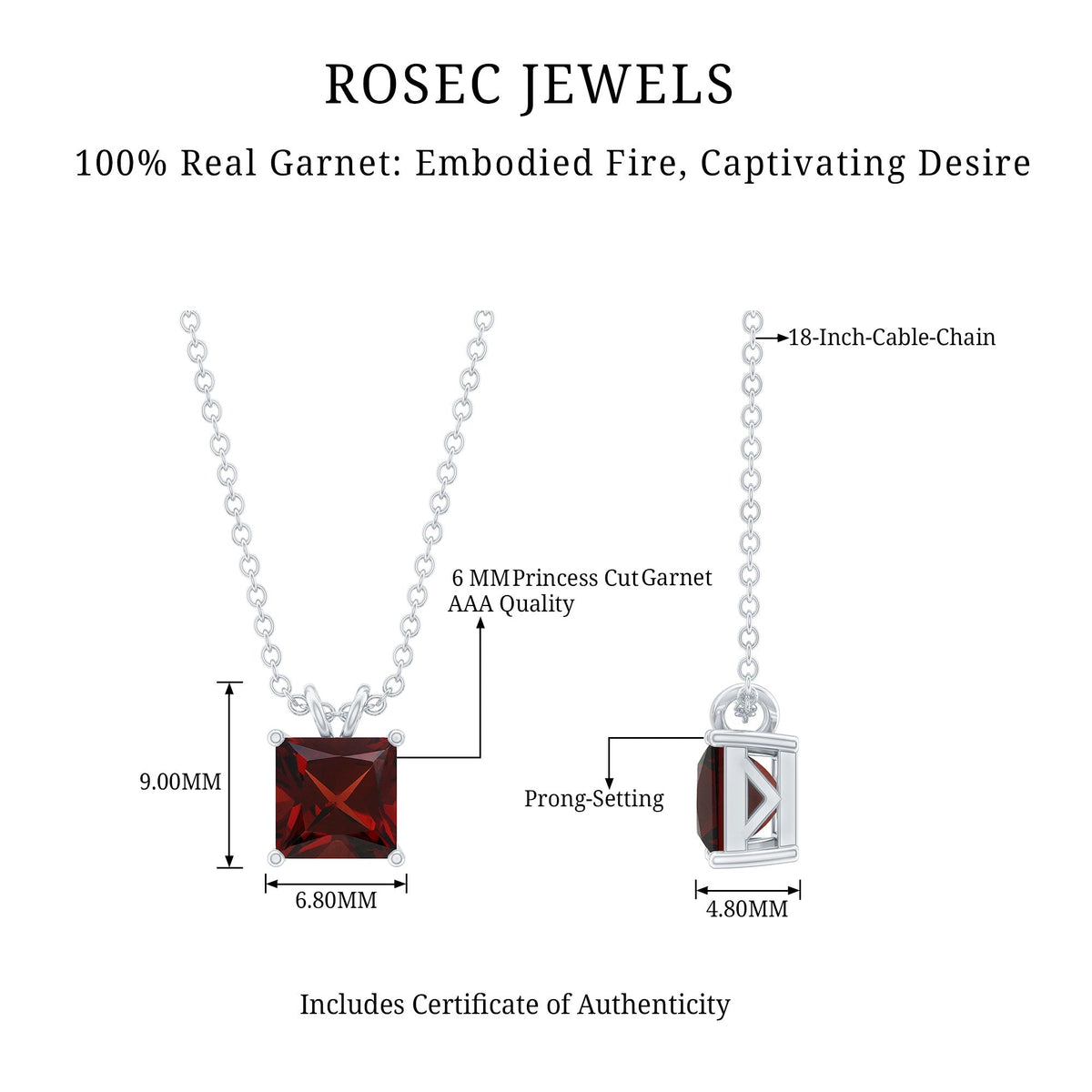 Solitaire 1.4 Carat Garnet Princess Cut Pendant Necklace with Chain