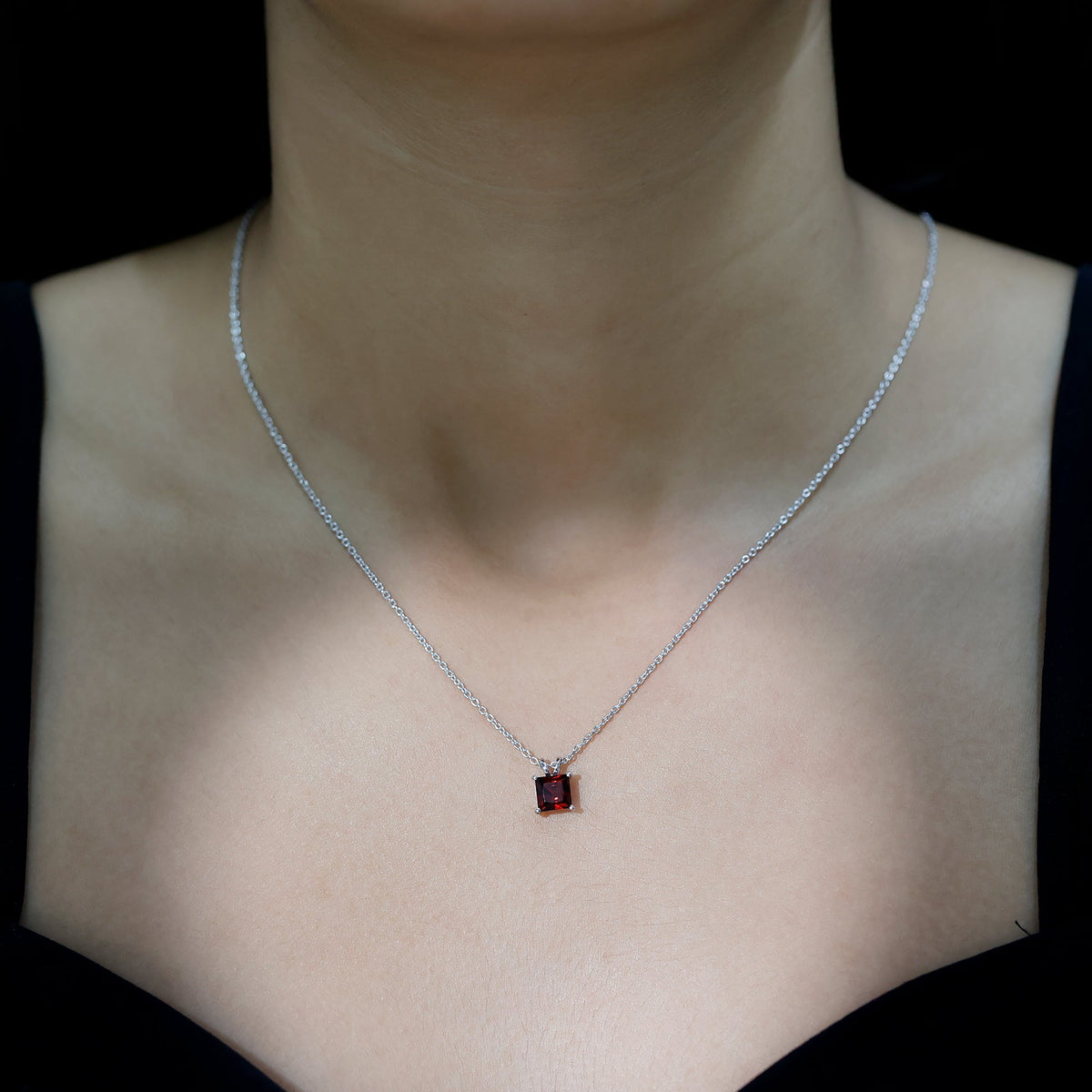 Solitaire 1.4 Carat Garnet Princess Cut Pendant Necklace with Chain