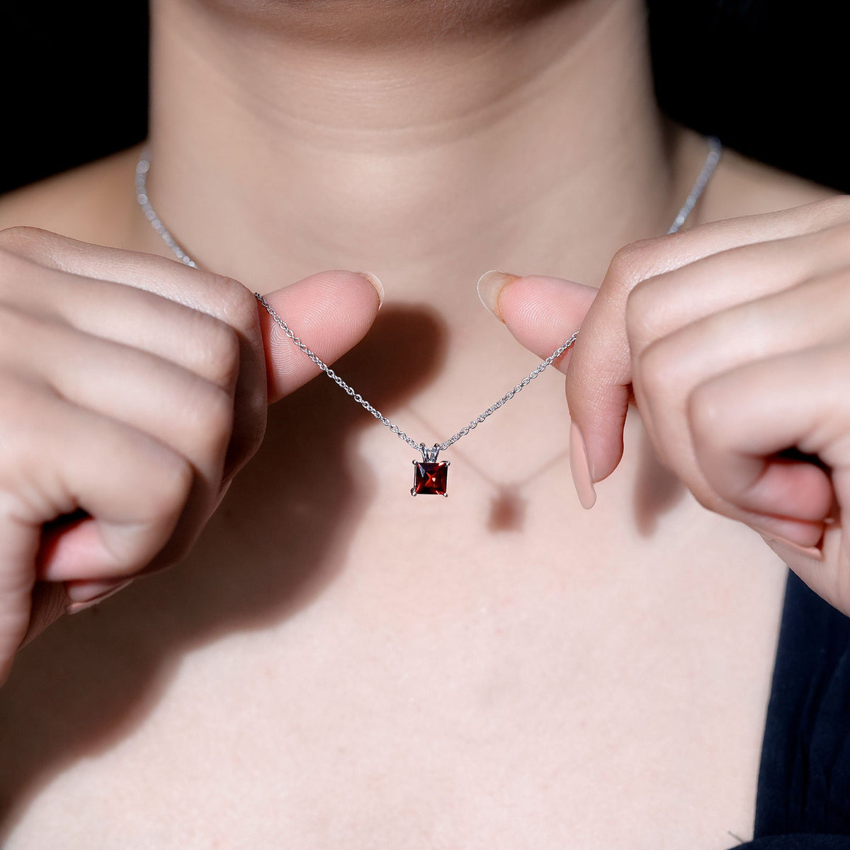 Solitaire 1.4 Carat Garnet Princess Cut Pendant Necklace with Chain