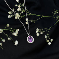 Certified 2.5 Carat Amethyst Oval Necklace with Moissanite Halo