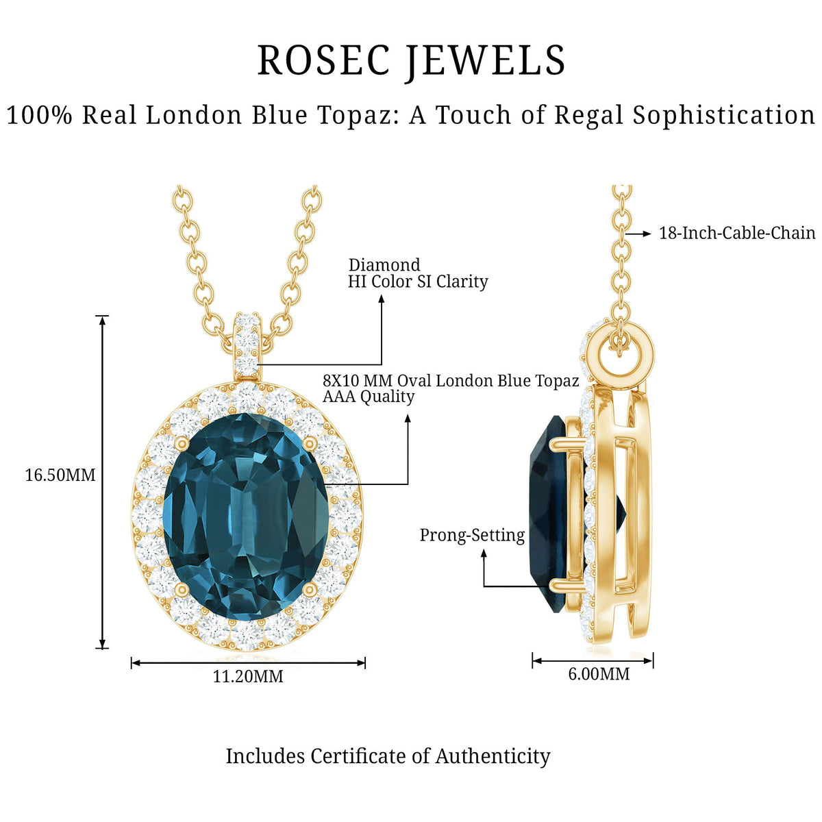 Genuine 2.5 Carat Oval Cut London Blue Topaz and Diamond Necklace