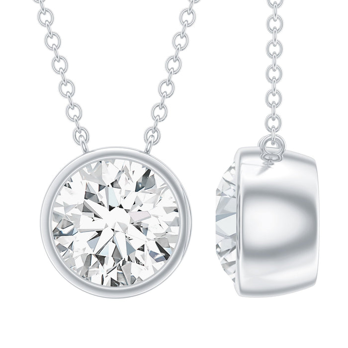 Silver bezel set 1.36 carat round moissanite pendant necklace by Rosec Jewels, featuring a sparkling central gemstone.
