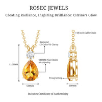 1 Carat Citrine Teardrop Pendant Necklace with Lab Grown Diamond