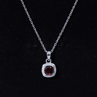 Cushion Cut Garnet and Moissanite Halo Pendant Necklace With Chain