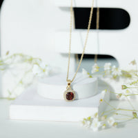 Cushion Cut Garnet and Moissanite Halo Pendant Necklace With Chain