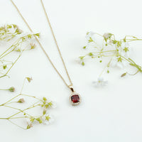Cushion Cut Garnet and Moissanite Halo Pendant Necklace With Chain