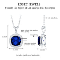 2.7 Carat Cushion Cut Lab Created Blue Sapphire and Diamond Halo Pendant